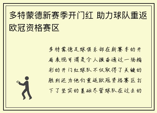 多特蒙德新赛季开门红 助力球队重返欧冠资格赛区